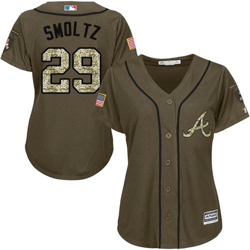 Braves #29 John Smoltz Green Salute to Service Women's Stitched MLB Jersey - Click Image to Close